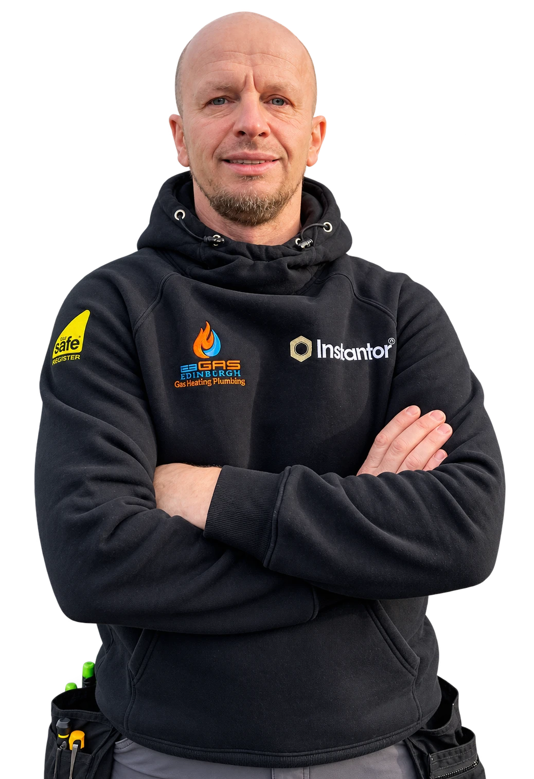 A friendly 123-Gas Edinburgh engineer in a branded hoodie, arms crossed