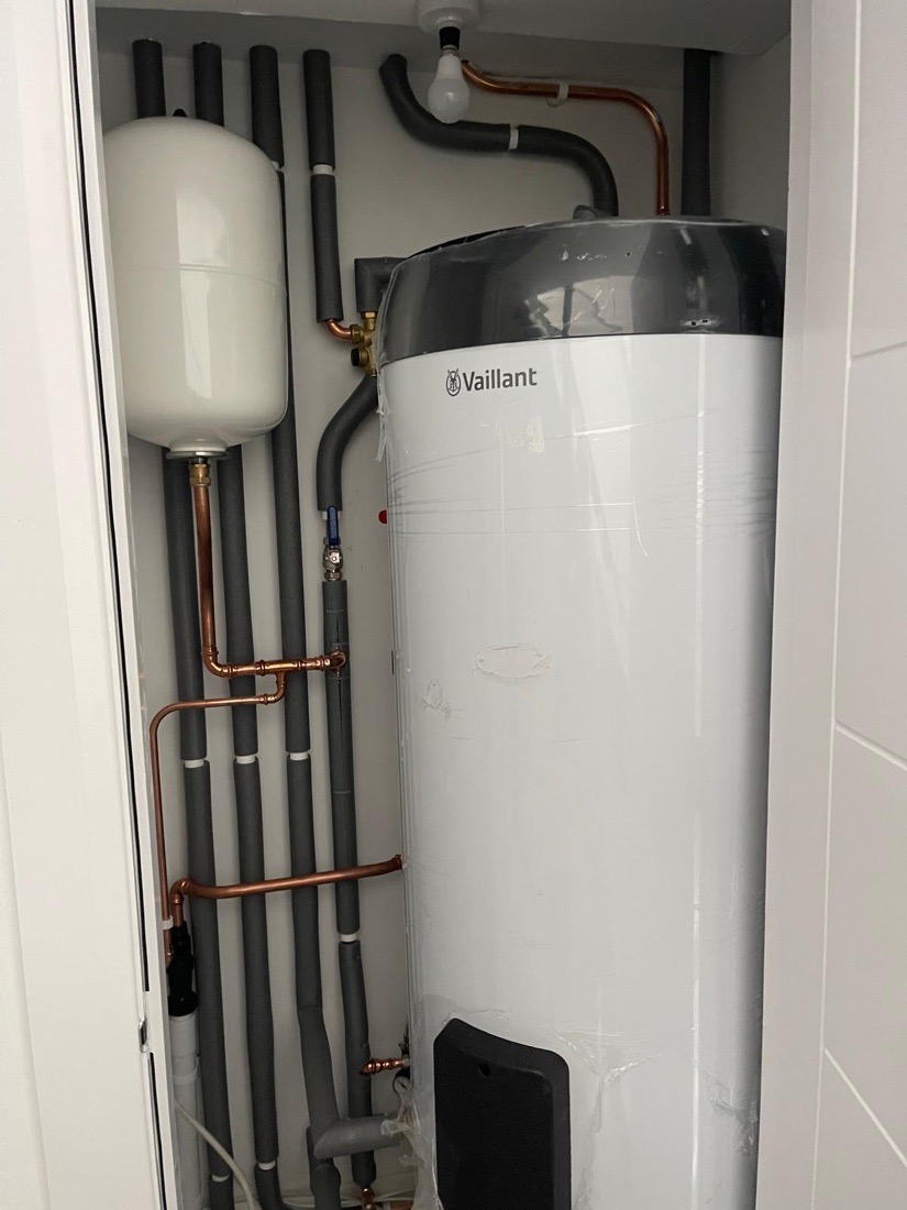 A Vaillant unvented hot water cylinder installed with tidy pipework