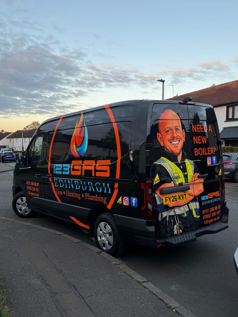 The 123-Gas Edinburgh branded van, liveried with the company's Gas Safe engineer artwork